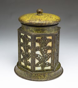 BRADLEY AND HUBBARD (MERIDEN, CONNECTICUT) ARTS AND CRAFTS VERDIGRIS-PATINATED METAL AND SLAG GLASS