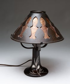 DIMINUTIVE HEINTZ (BUFFALO, NEW YORK) STERLING SILVER-MOUNTED BRONZE AND MICA BOUDOIR LAMP.