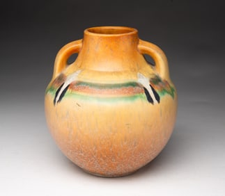 AMERICAN ROSEVILLE "MONTICELLO" HANDLED VASE.