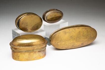 FOUR BRASS SNUFF BOXES.