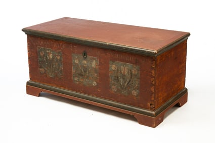 AMERICAN PAINT-DECORATED PINE AND POPLAR BLANKET CHEST.