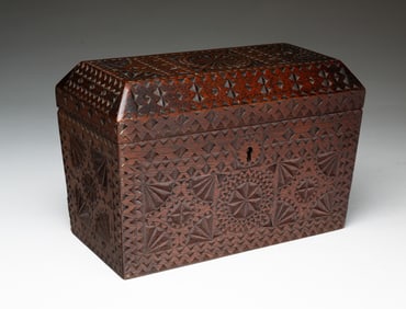 FINE AMERICAN CHIP-CARVED SARCOPHAGUS-FORM WALNUT TEA CADDY.