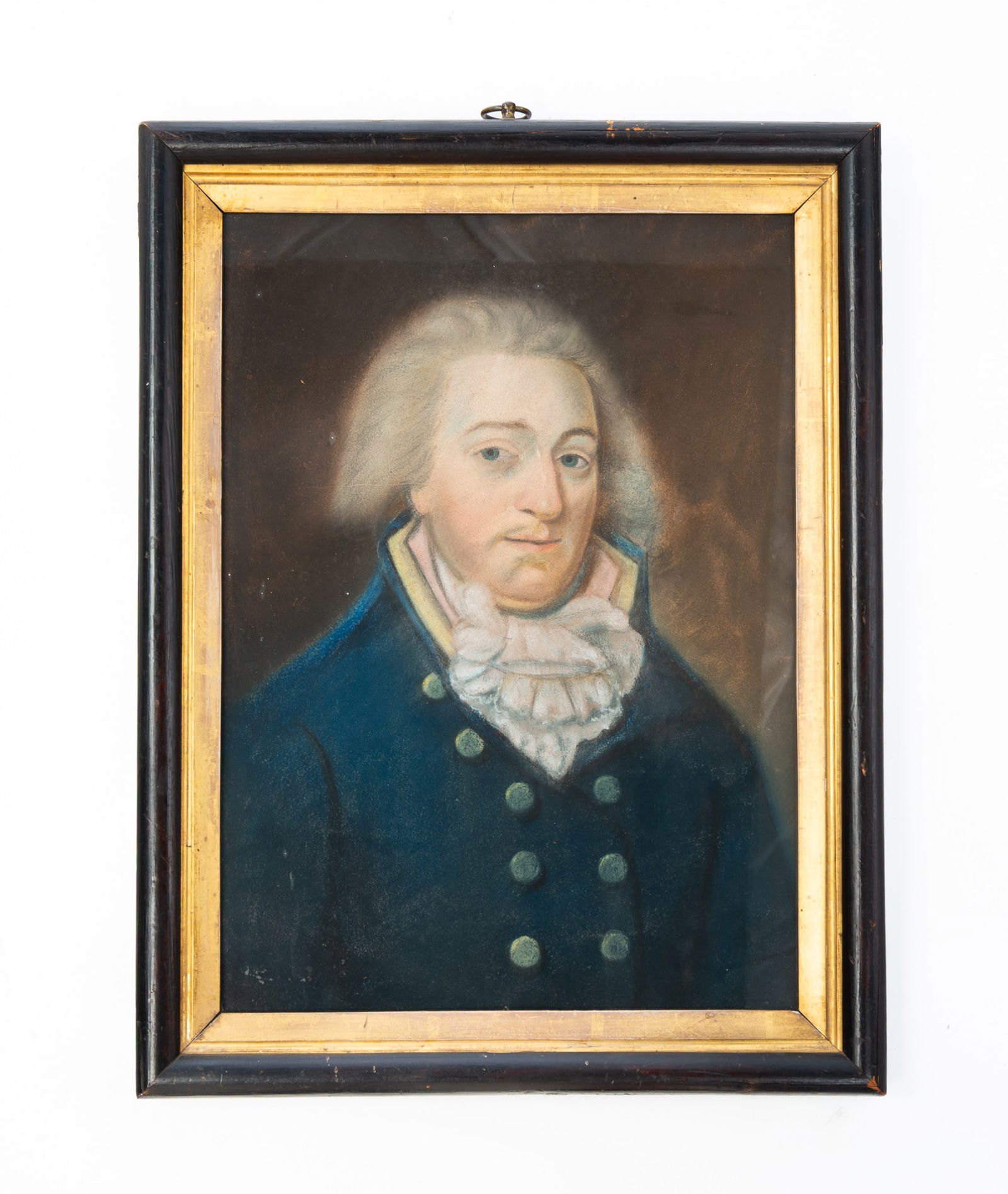 AMERICAN SCHOOL PASTEL PORTRAIT OF A SEA CAPTAIN.: American, 18th Century. Pastel on paper. Gentleman with white hair wearing a high ruffled collar and blue coat, unsigned, in a wood frame with gilt liner behind old glass. Frame, 17.25"h. 13.25"w.Prov
