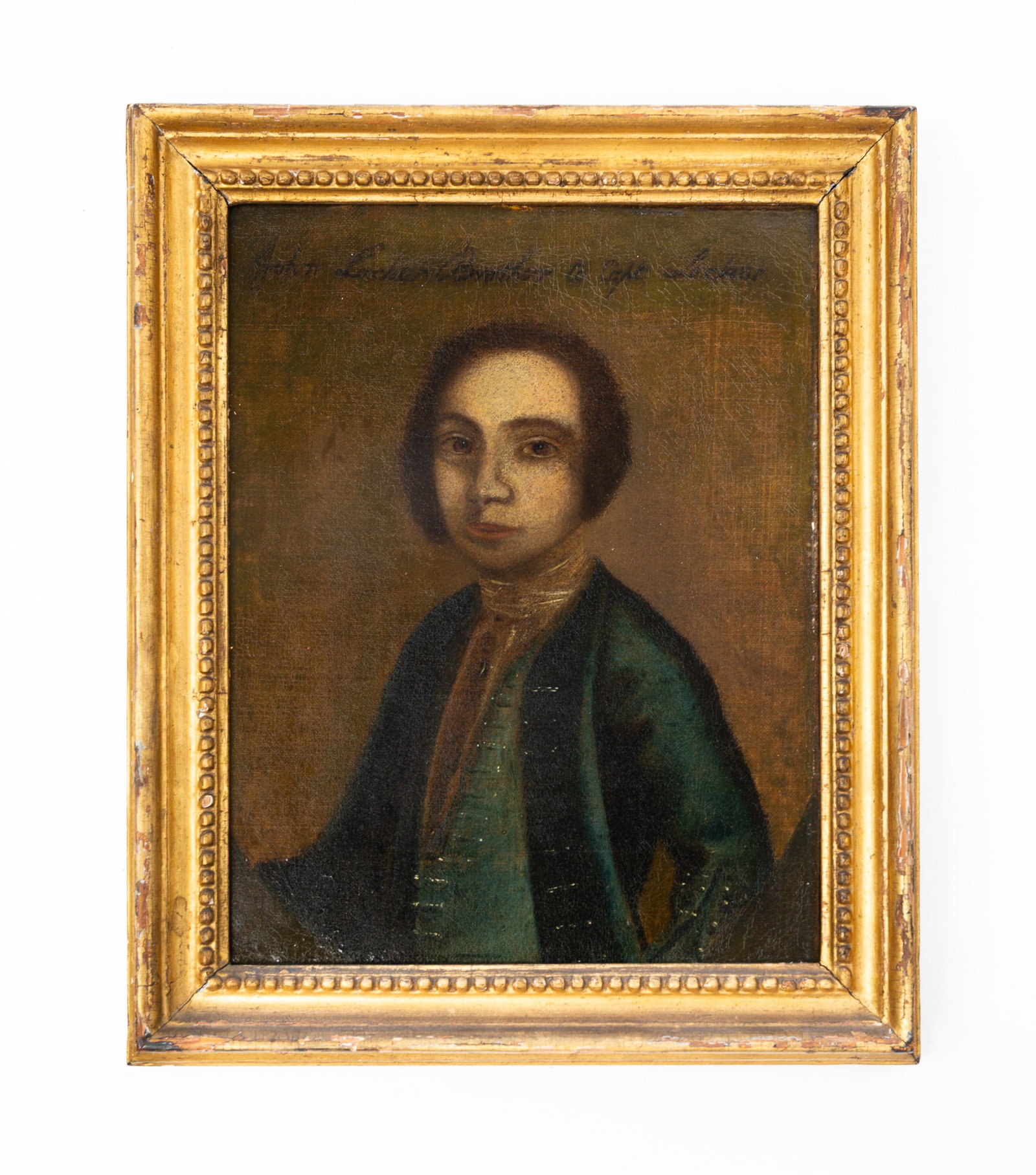 AMERICAN SCHOOL OIL ON CANVAS PORTRAIT OF CAPTAIN LOCKER.: American, 18th Century. Oil on canvas. Gentleman with brown hair wearing a white shirt, green vest, and blue coat, with embellished buttons, inscribed "John Locker Brother to Capt Locker" in paint at 