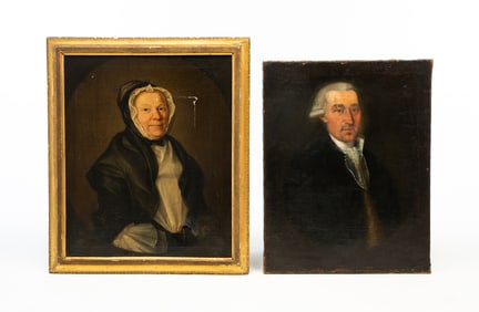 AMERICAN SCHOOL OIL ON CANVAS PORTRAITS OF A MAN AND A WOMAN.
