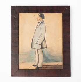 AMERICAN SCHOOL FOLK ART WATERCOLOR FULL-LENGTH PROFILE PORTRAIT OF A GENTLEMAN.