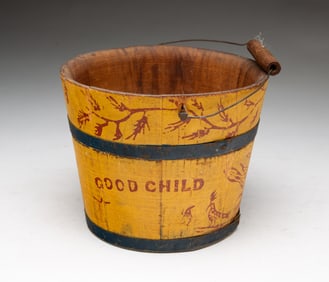 AMERICAN PAINTED AND STENCILED "GOOD CHILD" BUCKET (PAIL).