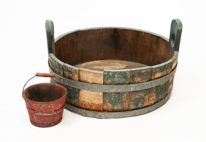 AMERICAN GREEN AND BLUE PAINTED PINE WASH TUB PLUS DIMINUTIVE RED-PAINTED BUCKET.