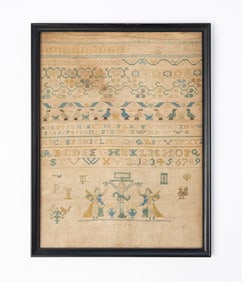 AMERICAN OR ENGLISH NEEDLEWORK SAMPLER WITH A CRUCIFIXION SCENE, DATED 1767.