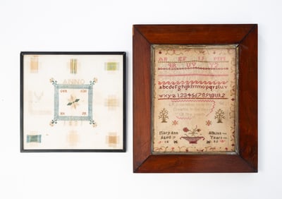 MARY ANN ATKINS (AMERICAN) NEEDLEWORK SAMPLER DATED 1835 WITH FLOWERS AND ANIMALS AND A HANDWOVEN
