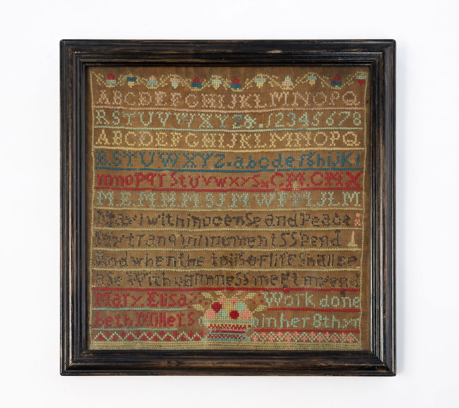 MARY ELISABETH MILLER (AMERICAN) NEEDLEWORK SAMPLER.: American, 19th Century. Polychrome thread on linen. Having a stylized acorn border above alphabet letters and a poetic verse, signed "Mary Elisabeth Miller Work done in her 8th yr" flanking an urn fil