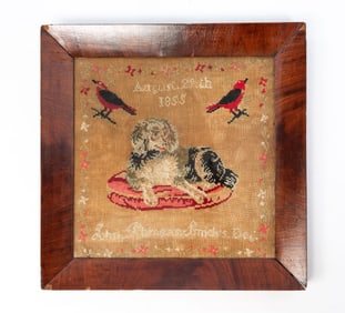 AMERICAN NEEDLEWORK SAMPLER OF A SPANIEL AND BIRDS, DATED 1855.