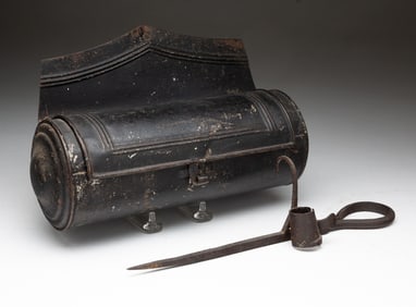 AMERICAN BLACK-PAINTED TIN HANGING CANDLE BOX AND AN IRON STICKING TOMMY.