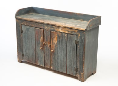 AMERICAN BLUE-PAINTED POPLAR KITCHEN CABINET.