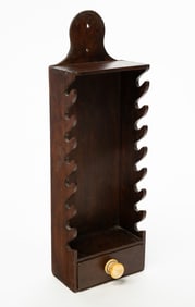 ENGLISH MAHOGANY HANGING PIPE RACK WITH DRAWER.