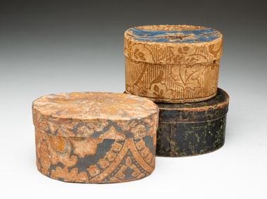 THREE DIMINUTIVE AMERICAN WALLPAPER-DECORATED BOXES.