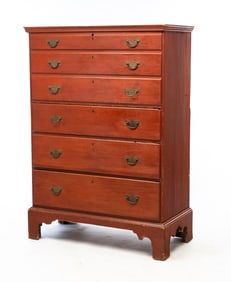 NEW ENGLAND CHIPPENDALE RED-WASHED MULE CHEST.