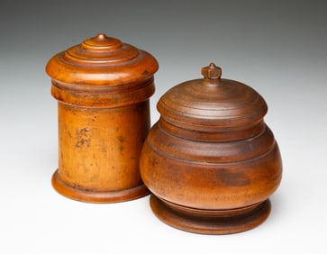 TWO PEASEWARE LIDDED JARS.