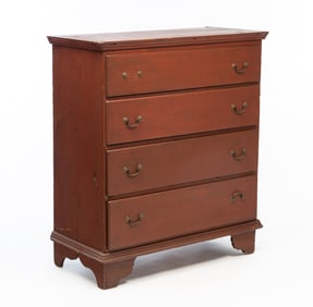 NEW ENGLAND RED-PAINTED PINE MULE CHEST.