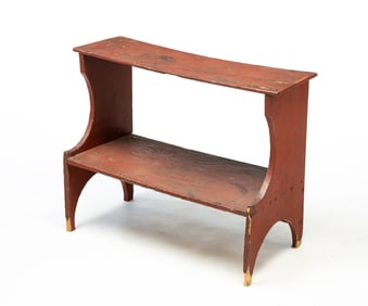 DIMINUTIVE AMERICAN RED-PAINTED PINE BUCKET BENCH.