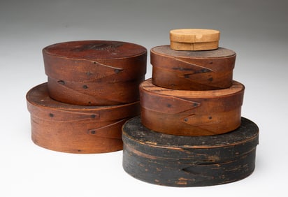 SIX DIMINUTIVE AMERICAN OVAL BENTWOOD BOXES.