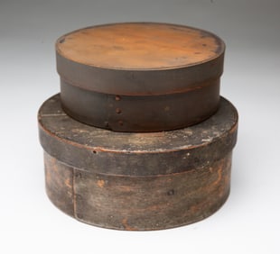 TWO AMERICAN PAINTED BENTWOOD PANTRY BOXES.