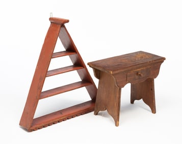 AMERICAN PINE STOOL PLUS TRIANGULAR HANGING SHELF.