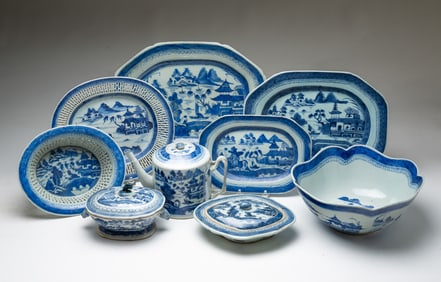 NINE CHINESE BLUE AND WHITE CANTON SERVING DISHES.