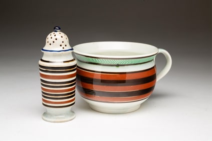 ENGLISH MOCHAWARE DECORATED PEPPER POT AND MUG.