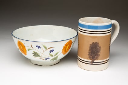 ENGLISH LEEDSWARE BOWL AND MOCHAWARE MUG.