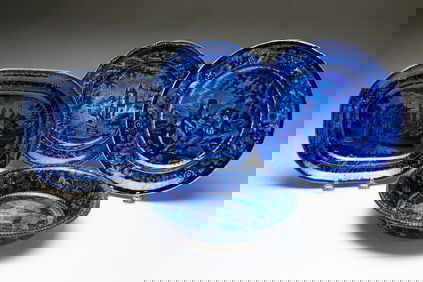 FOUR BLUE TRANSFERWARE STAFFORDSHIRE DISHES.