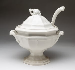 WHITE IRONSTONE CHINA COVERED TUREEN AND LADLE.