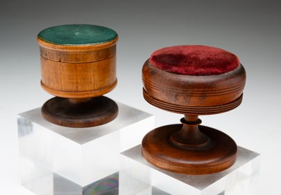 TREENWARE PIN CUSHION AND COVERED JAR.