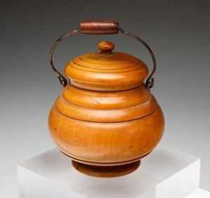 DIMINUTIVE TREENWARE LIDDED JAR WITH BAIL HANDLE.
