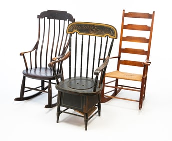 TWO AMERICAN ROCKING CHAIRS AND A NECESSARY CHAIR.