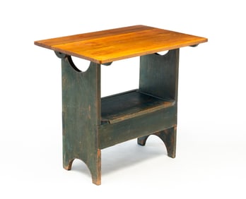 DIMINUTIVE AMERICAN BLUE-GREEN PAINTED POPLAR HUTCH TABLE.