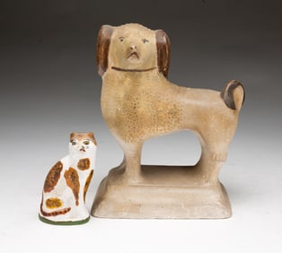 AMERICAN CHALKWARE MINIATURE CAT AND STANDING SPANIEL.