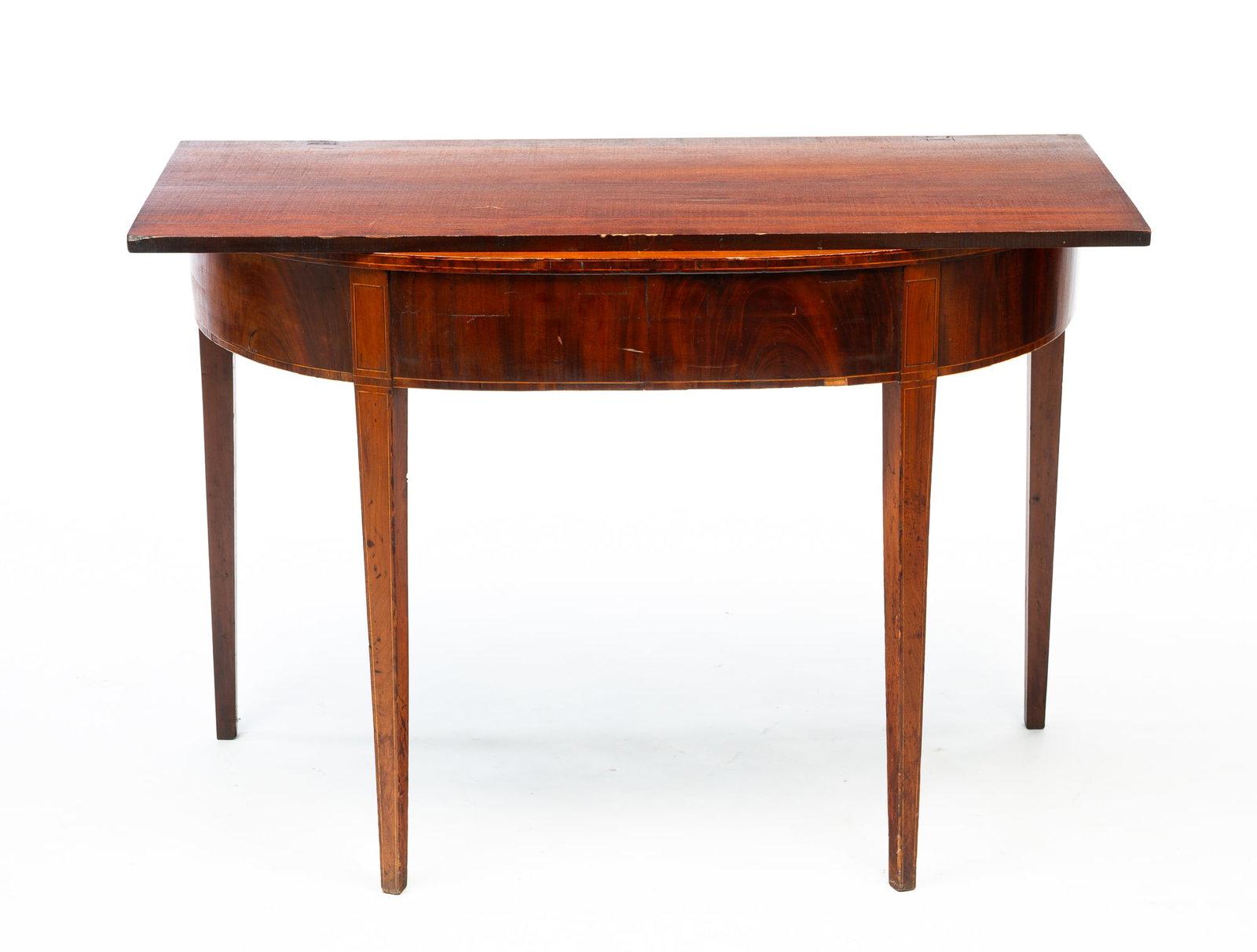 AMERICAN HEPPLEWHITE CHERRY, MAHOGANY, AND STRING-INLAID BANQUET TABLE HALF.: American, ca. 1800. Cherry and mahogany with pine secondary. "D" shaped top, mahogany veneered apron, slender tapered legs and string inlays. 28"h. 40.5"w. 19.5"d. Hinged leaf 18.5"d.Provenance: From