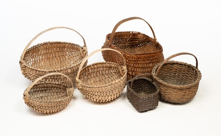 SIX AMERICAN SPLIT HICKORY BASKETS.