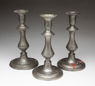 THREE CINCINNATI PEWTER CANDLESTICKS.
