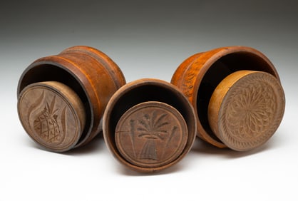 THREE AMERICAN WOODEN CASED BUTTER MOLDS.