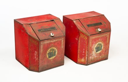 TWO TOLE-PAINTED COUNTRY STORE TEA BINS.