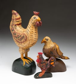 THREE PENNSYLVANIA FOLK ART CARVED PINE AND PAINT-DECORATED BIRDS, INCL. WALTER (1921-2018) AND JUNE