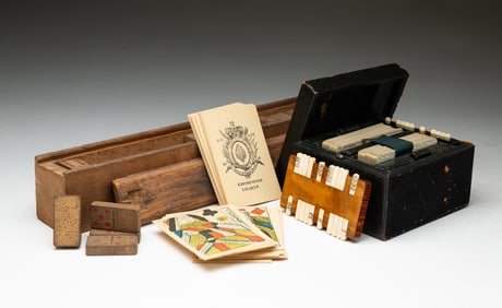 THREE PARLOR GAMES: A BOX OF DOMINOES, A BEZIQUE SET, AND I. HARDY PLAYING CARDS.