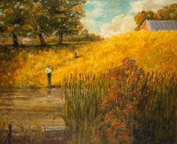 DAVID (JAMES) HILL (1926-2007) OIL ON CANVAS AUTUMN LANDSCAPE WITH FISHERMAN.