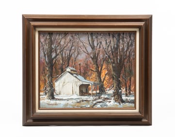 BOB BRUBAKER (GREENVILLE, OHIO, 1921-2011) OIL ON CANVAS BOARD OF A SUGAR SHACK.