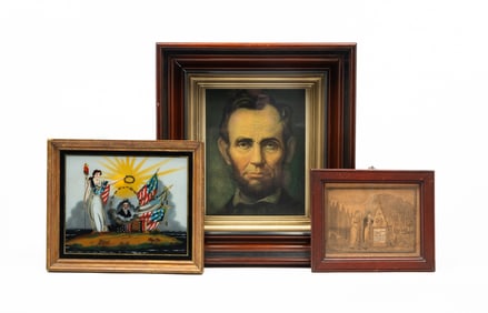 A REVERSE-PAINTED PATRIOT SCENE, AN ABRAHAM LINCOLN PORTRAIT, AND A MEMORIAL ENGRAVING.