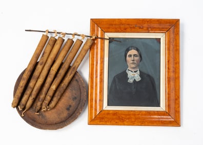 ECLECTIC LOT COMPRISING A PAINTED PHOTOGRAPH, A TREENWARE PLATE, AND HANGING CANDLES.