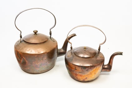 TWO AMERICAN COPPER TEA KETTLES, INCL. ONE STAMPED "C. SMITH".