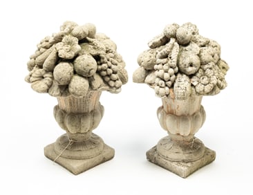 PAIR OF CAST CONCRETE URNS OF FRUIT GARDEN ORNAMENTS.
